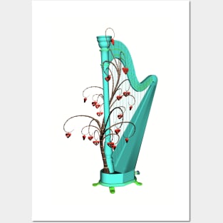 Wonderful harp  in a mushroom forest with tree with hearts Posters and Art